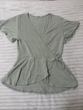 Caution To The Wind Sage & White Striped Wrap Peplum Top